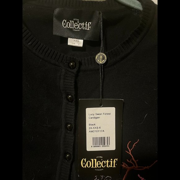 NWT Collectif Lucy Swan Forest Cardigan cropped balck XXS UK 6 - Picture 6 of 8